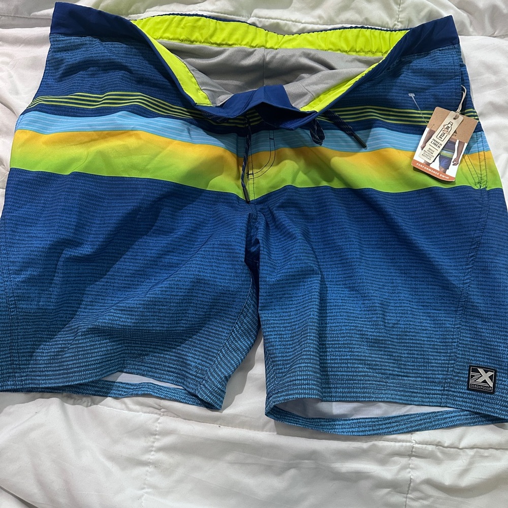 ZeroXposur Blue Swim Board Shorts with Lime and Yellow Stripe